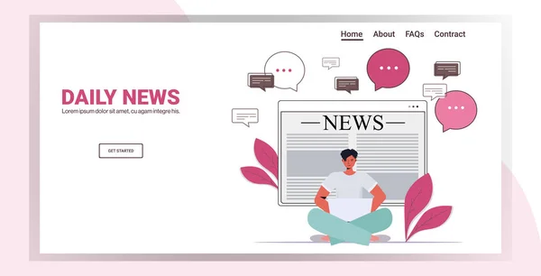 Man sitter lotus pose läsa online tidningen dagliga nyheter på bärbar skärm press massmedia koncept — Stock vektor