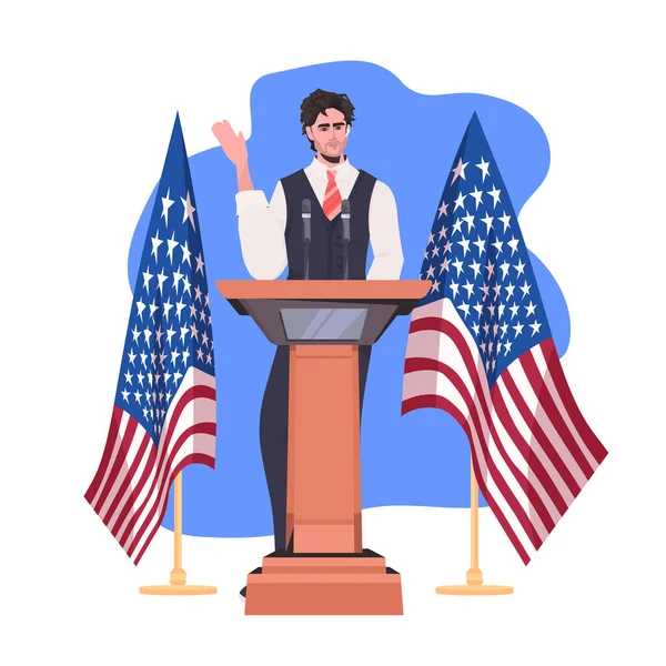 Politikus beszédet mond a tribunusból az USA zászlajával július 4-én az amerikai függetlenség napja alkalmából. — Stock Vector