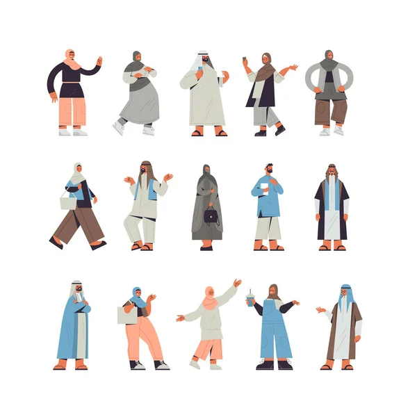 Set arabic people in traditional clothes arab men women standing pose male female cartoon characters — Stock Vector