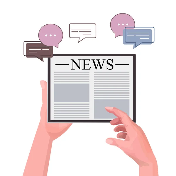 Χέρια που χρησιμοποιούν το PC ταμπλετών που διαβάζουν τις καθημερινές ειδήσεις σε απευθείας σύνδεση επικοινωνία φυσαλίδων συνομιλίας μέσων Τύπου εφημερίδων — Διανυσματικό Αρχείο