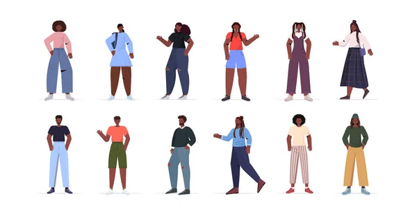 穿着时髦休闲装的人非洲男人美国女人站在不同的姿势 — 图库矢量图片