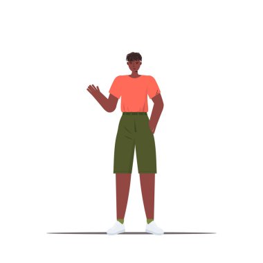 Havalı giyinen yakışıklı adam el sallayan erkek çizgi film karakteri tam boy poz veriyor.