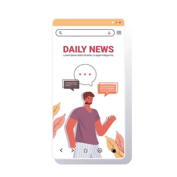 Homem com bate-papo bolha comunicação diário notícias conceito smartphone tela retrato —  Vetores de Stock