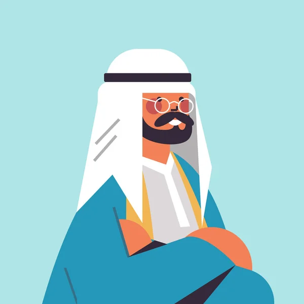 Arabischer Mann in traditioneller Kleidung lächelnd arabischer Kerl Avatar männliche Zeichentrickfigur Porträt — Stockvektor