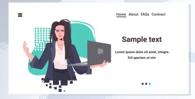 Çekici bir kadın dizüstü bilgisayar kullanıyor. Güzel iş kadını, modaya uygun kıyafetler giyiyor. Kadın çizgi film karakteri portresi.