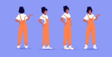 Kadına modaya uygun giysiler giydir. Kadın çizgi film karakteri ayakta dursun. Farklı açılardan bak.