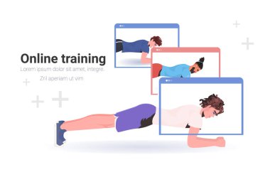 Çevrimiçi fitness egzersizleri yapan erkekler sağlıklı yaşam tarzı antrenmanı konsepti geliştiriyor.