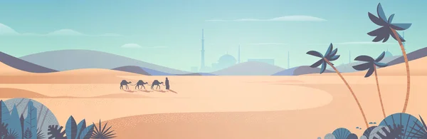 Carovana di cammelli che attraversano deserto eid mubarak biglietto di auguri ramadan kareem modello arabo paesaggio orizzontale vettoriale illustrazione — Vettoriale Stock