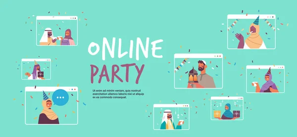 Арабы празднуют день рождения арабских друзей в веб-браузере, весело проводя время — стоковый вектор