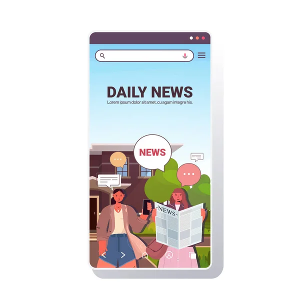 Koppel het lezen van krant en het bespreken van dagelijks nieuws tijdens de vergadering chat zeepbel communicatie concept — Stockvector