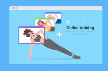 İnternette yoga egzersizleri yapan kadınlar sağlıklı yaşam tarzı konsepti eğitiyorlar.