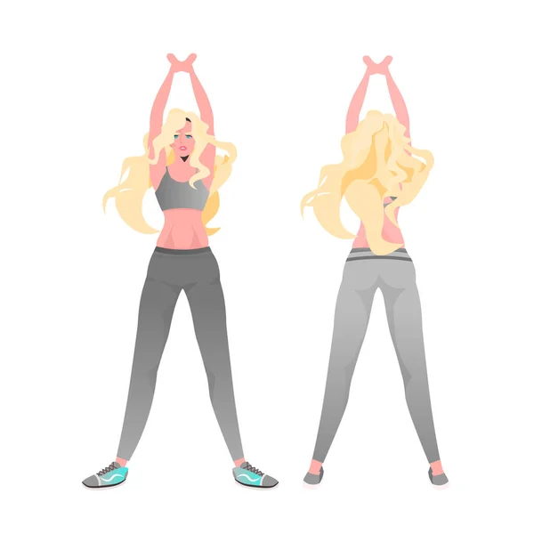 Žena dělá jóga fitness cvičení trénink zdravý životní styl koncept dívka pracuje vpředu zadní pohled — Stockový vektor