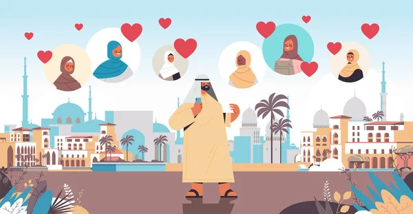 Arabic man chatting with women in online dating app εικονική συνάντηση κοινωνική σχέση βρείτε την αγάπη — Διανυσματικό Αρχείο
