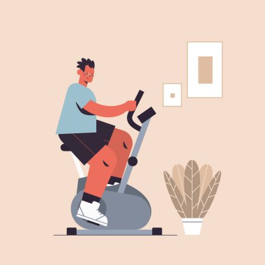 Sabit bisiklet süren sporcu kardiyo fitness eğitimi alıyor sağlıklı yaşam tarzı spor konsepti tam boy vektör illüstrasyonu