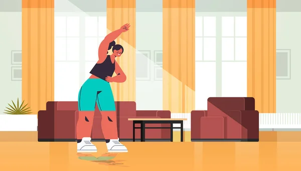 Kadın evde esneme egzersizleri yapıyor kız antrenman yapıyor sağlıklı yaşam tarzı sporu eğitimi alıyor. — Stok Vektör