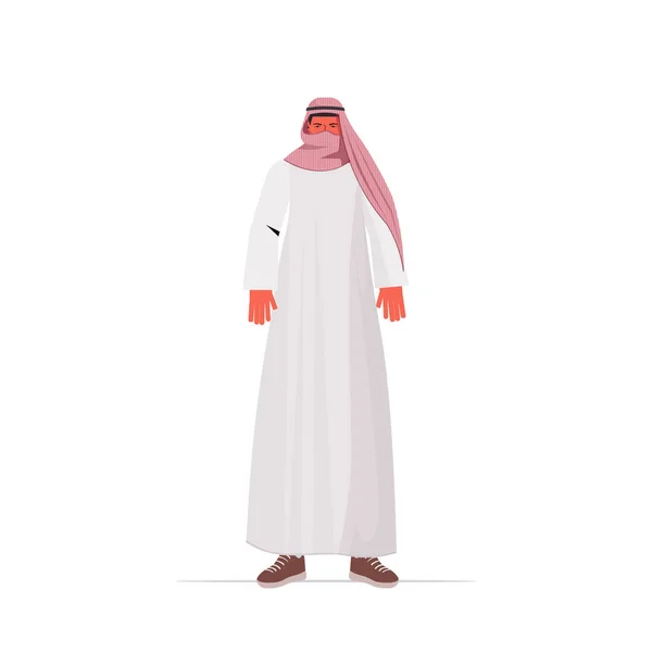Arabiska man i traditionella kläder arabiska manliga tecknad karaktär stående pose — Stock vektor