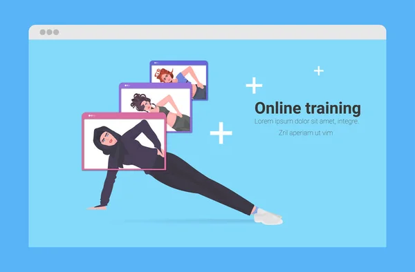 Mix race women doing yoga fitness exercises online training gesunder lebensstil konzept — Stockvektor