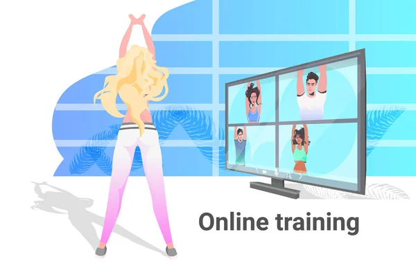 Donna che fa yoga esercizi di fitness ragazza guardando tutorial in tv on-line formazione stile di vita sano concetto ragazze che lavorano fuori orizzontale piena lunghezza vettoriale illustrazione — Vettoriale Stock