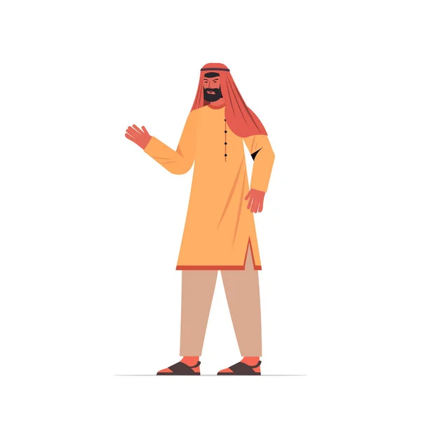 Arabischer Mann in traditioneller Kleidung arabische männliche Zeichentrickfigur in stehender Pose — Stockvektor