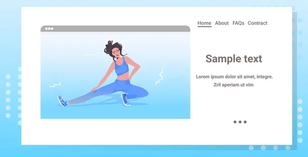 Mujer haciendo ejercicios de yoga fitness entrenamiento en línea concepto de estilo de vida saludable navegador web ventana — Archivo Imágenes Vectoriales