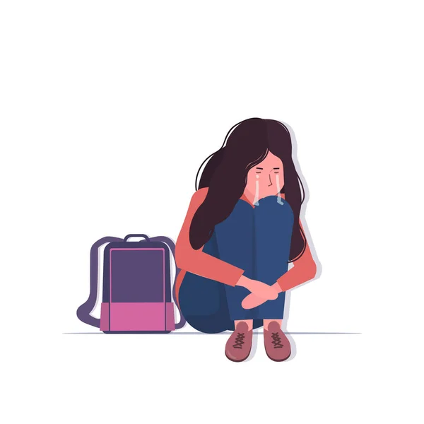 Depressed schoolgirl with backpack crying depression problems stress psychotherapy bullying concept — Stock Vector