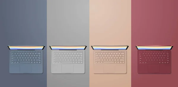 Impostare computer portatili colorati realistici gadget mockup e dispositivi concetto vista angolo superiore — Vettoriale Stock