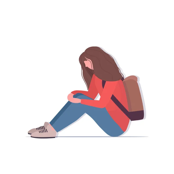 Depressed schoolgirl with backpack crying depression problems stress psychotherapy bullying concept — Stock Vector