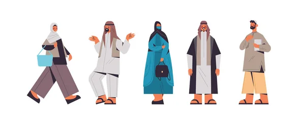 Set arab orang dalam pakaian tradisional arab laki-laki perempuan berdiri pose laki-laki karakter kartun perempuan - Stok Vektor