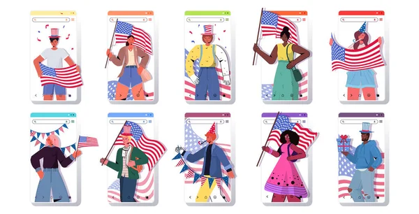 Set people holding usa banderas mix race men women celebrating 4th of july american independence day — Archivo Imágenes Vectoriales