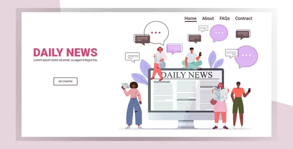 Menschen, die Zeitungen lesen und das tägliche Kommunikationskonzept der Nachrichtenblase diskutieren — Stockvektor