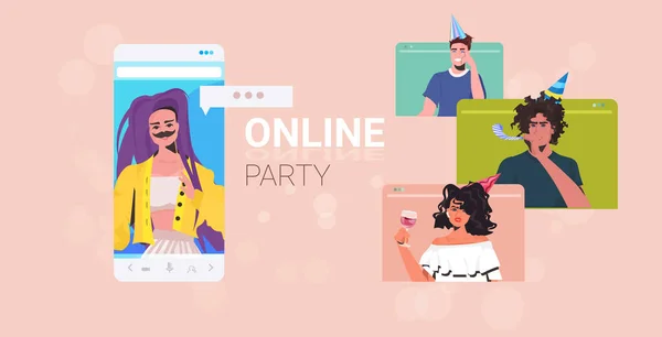 Människor som firar online party vänner att ha virtuellt roligt firande koncept — Stock vektor