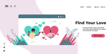 Web tarayıcı penceresinde online flört uygulamasında sohbet eden erkek kadın aşk konseptini bul