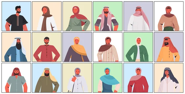 Set arabische mannen vrouwen in traditionele kleding arabische mannelijke vrouwelijke stripfiguren collectie — Stockvector