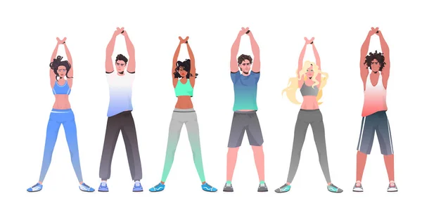 Mix race mujeres hombres haciendo ejercicios de yoga fitness entrenando estilo de vida saludable concepto personas haciendo ejercicio — Vector de stock