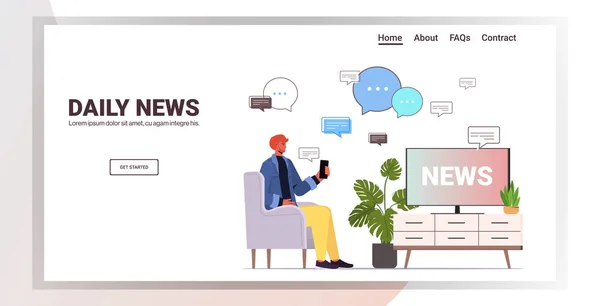 Mann schaut fern und diskutiert in mobiler Chat-App tägliche Nachrichten — Stockvektor