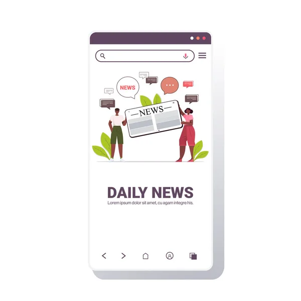 स्मार्टफ़ोन स्क्रीन चैट बबल संचार अवधारणा पर दैनिक समाचार पढ़ना और चर्चा करना — स्टॉक वेक्टर