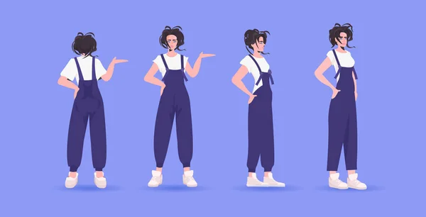 Set mulher em casual roupas da moda personagem de desenho animado feminino em pé pose ângulos diferentes vista — Vetor de Stock