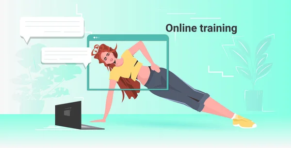 Frau macht Yoga-Übungen Online-Training gesunder Lebensstil Konzept Mädchen sieht Tutorials auf Laptop — Stockvektor