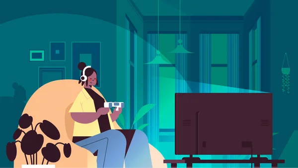 Молода жінка, використовуючи джойстик, грає в відеоігри на телебаченні жінка відпочиває в інтер'єрі вітальні — стоковий вектор