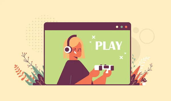 Blondynka w słuchawki gry wideo dziewczyna zabawy okno przeglądarki internetowej — Wektor stockowy