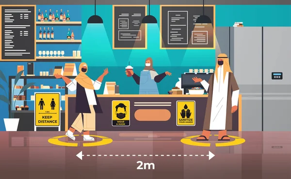 Arabische Cafébesucher in Schutzmasken halten Abstand, um soziale Distanzierung vom Coronavirus zu verhindern — Stockvektor