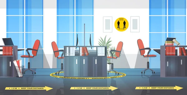 Skrivebord på arbeidsplassen med runde gule tegn på sosial distansebeskyttelse av coronavirus – stockvektor