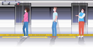 Korumalı maskeli metro yolcularını karıştırın. Toplu taşımacılıkta koronavirüsü önlemek için mesafeyi koruyun.