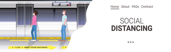 乘坐地铁的乘客要戴防护面罩，保持距离，以防止公共交通工具上出现头孢杆菌 — 图库矢量图片