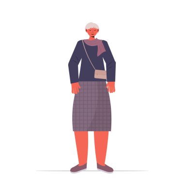 Son sınıf kadın çizgi film karakteri gri saçlı büyükanne pozu veriyor.