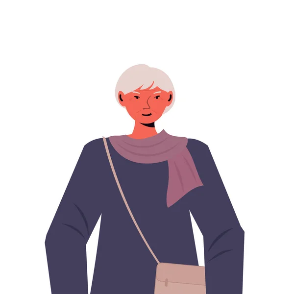 Gammal kvinna i casual trendiga kläder senior kvinnliga tecknad karaktär grå hår mormor porträtt — Stock vektor