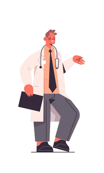Male doctor in uniform holding clipboard healthcare medicine concept — Stock Vector