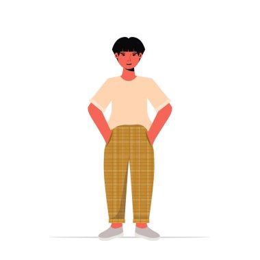 Mutlu çocuk günlük kıyafetleri içinde erkek çizgi film karakteri tam boy poz veriyor.