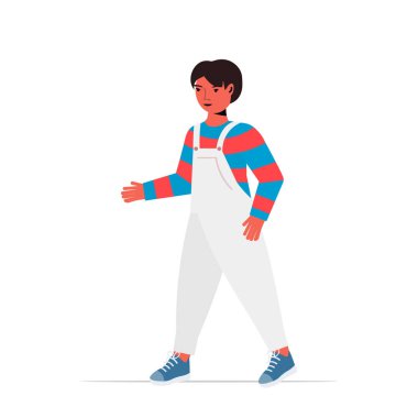 Mutlu küçük kız gündelik giysiler içinde kadın çizgi film karakteri tam boy poz veriyor.