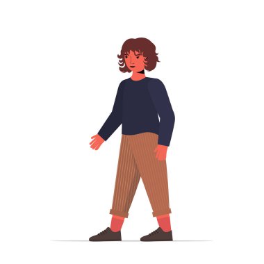 Gündelik kıyafetlerle mutlu çocuk sevimli kız kadın çizgi film karakteri tamamen izole edilmiş vektör çizimi yapıyor.